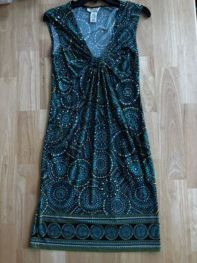 London Style Black and Blue Circular Print Midi Dress